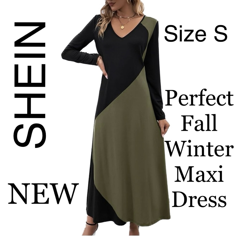 🍂 Maxi Dress V-Neck Olive Color Block Fall Winter ❄️